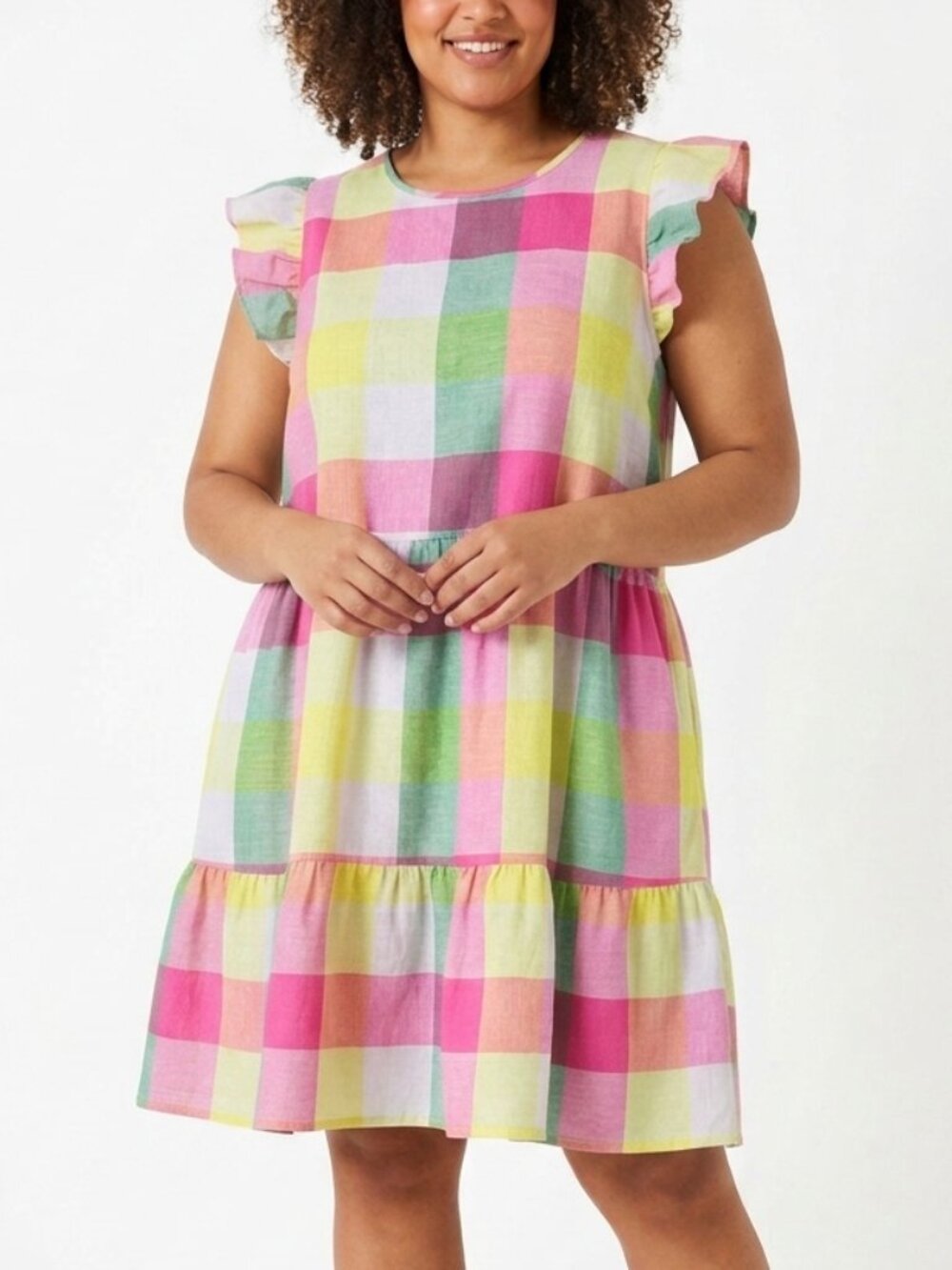 SHEIN Curve Pink Green Yellow Plaid Tiered Mini Dress Women's Size 3XL